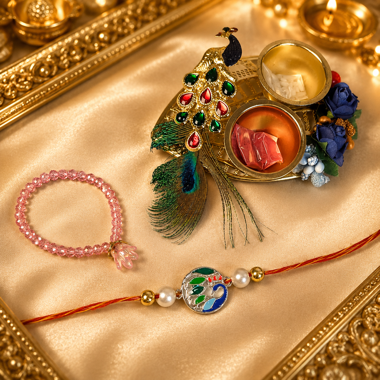 Vrindavan Shringar Set for Laddu Gopal Ji | Rakhi, Necklace & Peacock Platter