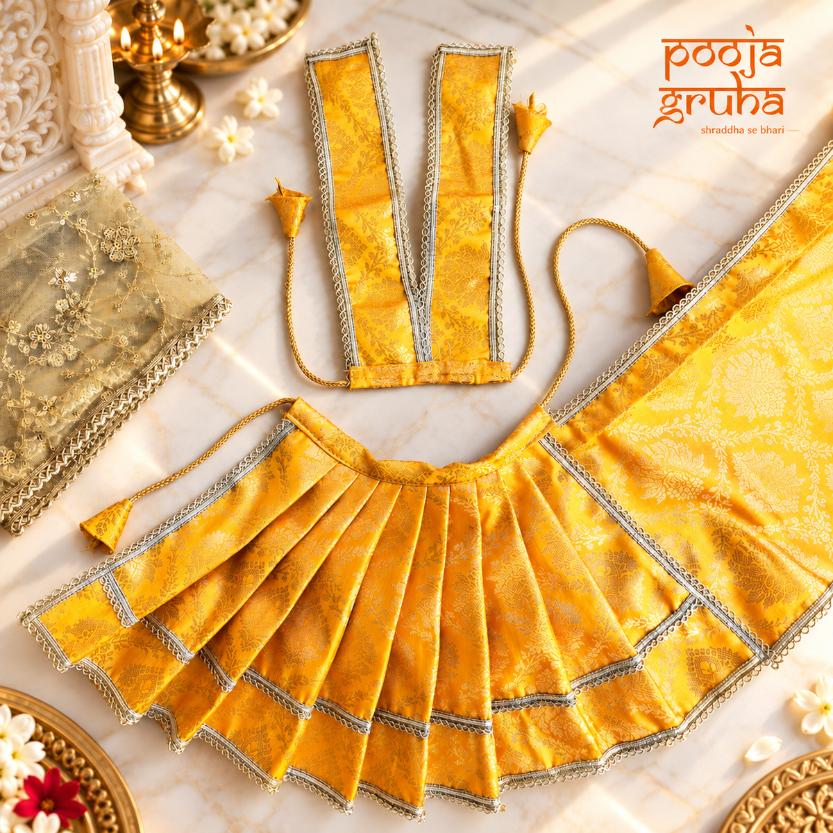 Peetambara | Navratri Special 3-Piece Silk Brocade Saree Set for Mata Rani Ji | Free Premium Golden Chunri