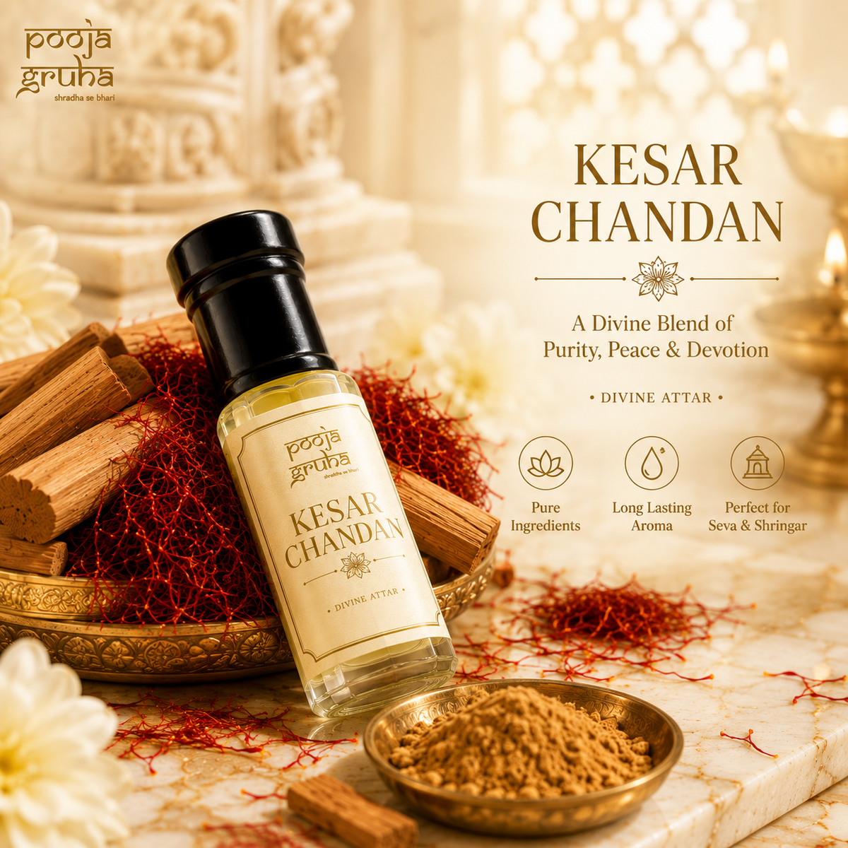 Warm 4-Pack Handcrafted Attar from Kannauj for Mandir | Shamama 960, Heena Standard, Aseel & Kesar Chandan| Pooja Gruha