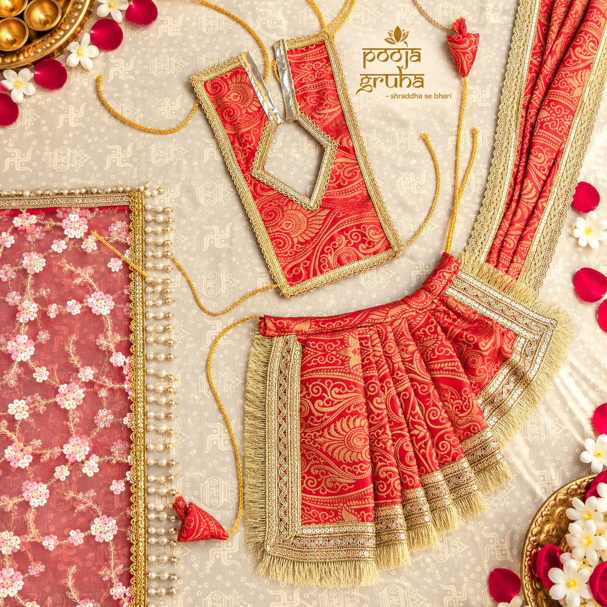 Raktambari | Navratri Special 3-Piece Red Silk Brocade Saree Set for Mata Rani Ji | Free Premium Red Chunri