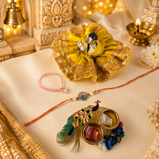 Mor Mukut Luxury Rakhi Set For Laddu Gopal Ji | Designer Rakhi with Necklace & Peacock Platter