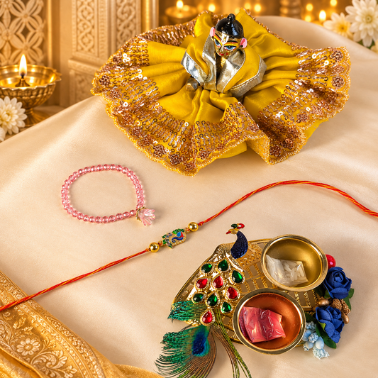 Mor Mukut Shringar Set for Laddu Gopal Ji | Peacock Rakhi, Necklace & Platter
