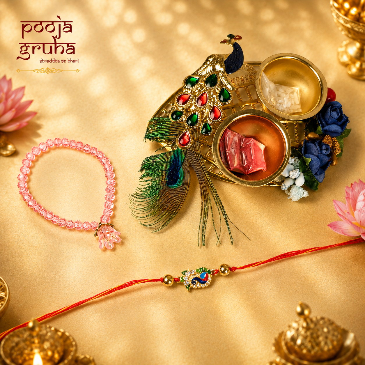 Mor Mukut Shringar Set for Laddu Gopal Ji | Peacock Rakhi, Necklace & Platter