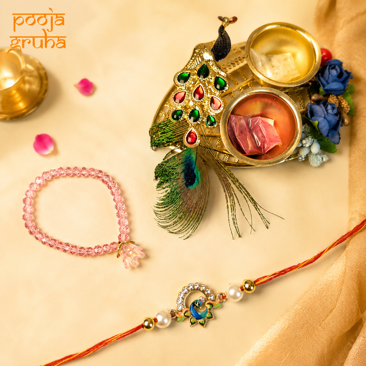 Mor Mukut Luxury Rakhi Set For Laddu Gopal Ji | Designer Rakhi with Necklace & Peacock Platter