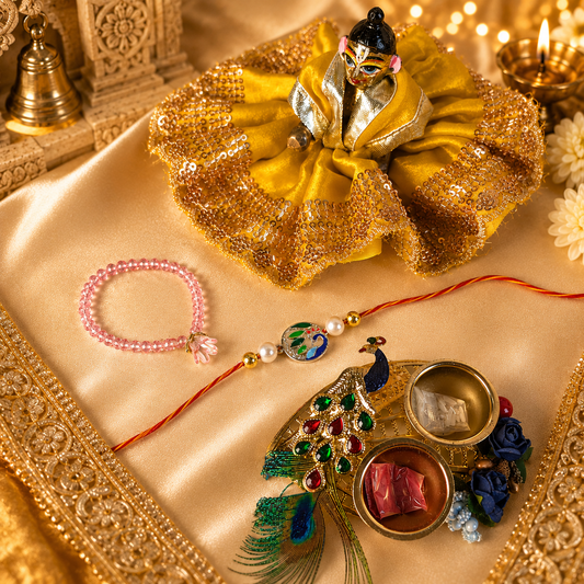 Vrindavan Shringar Set for Laddu Gopal Ji | Rakhi, Necklace & Peacock Platter