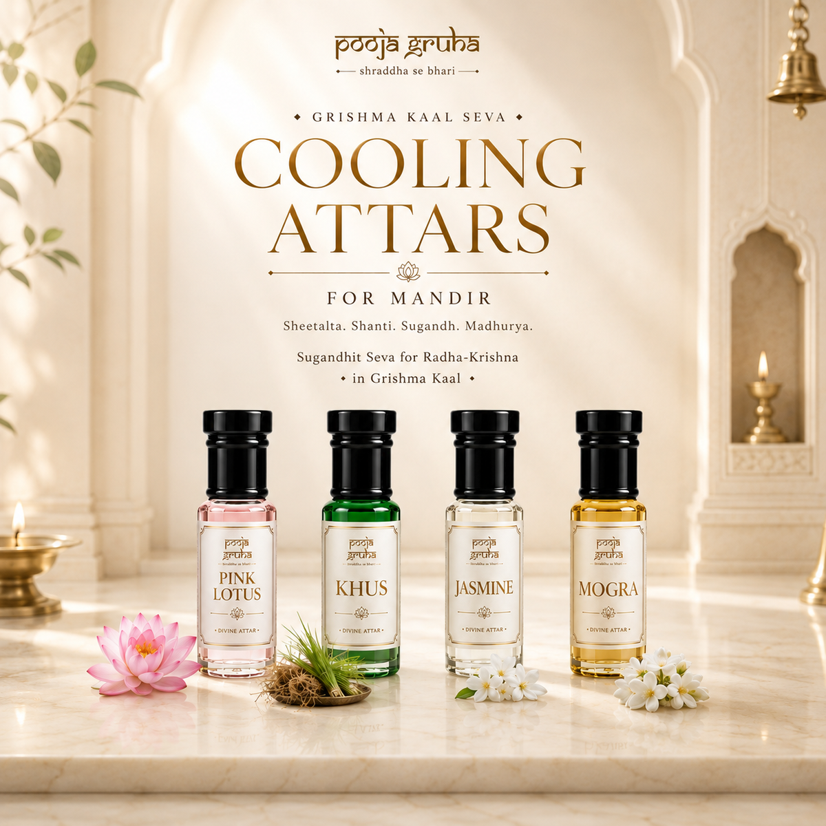 Cooling 4-Pack Handcrafted Attar from Kannauj for Mandir | Pink Lotus, Khus, Jasmine & Mogra | Pooja Gruha