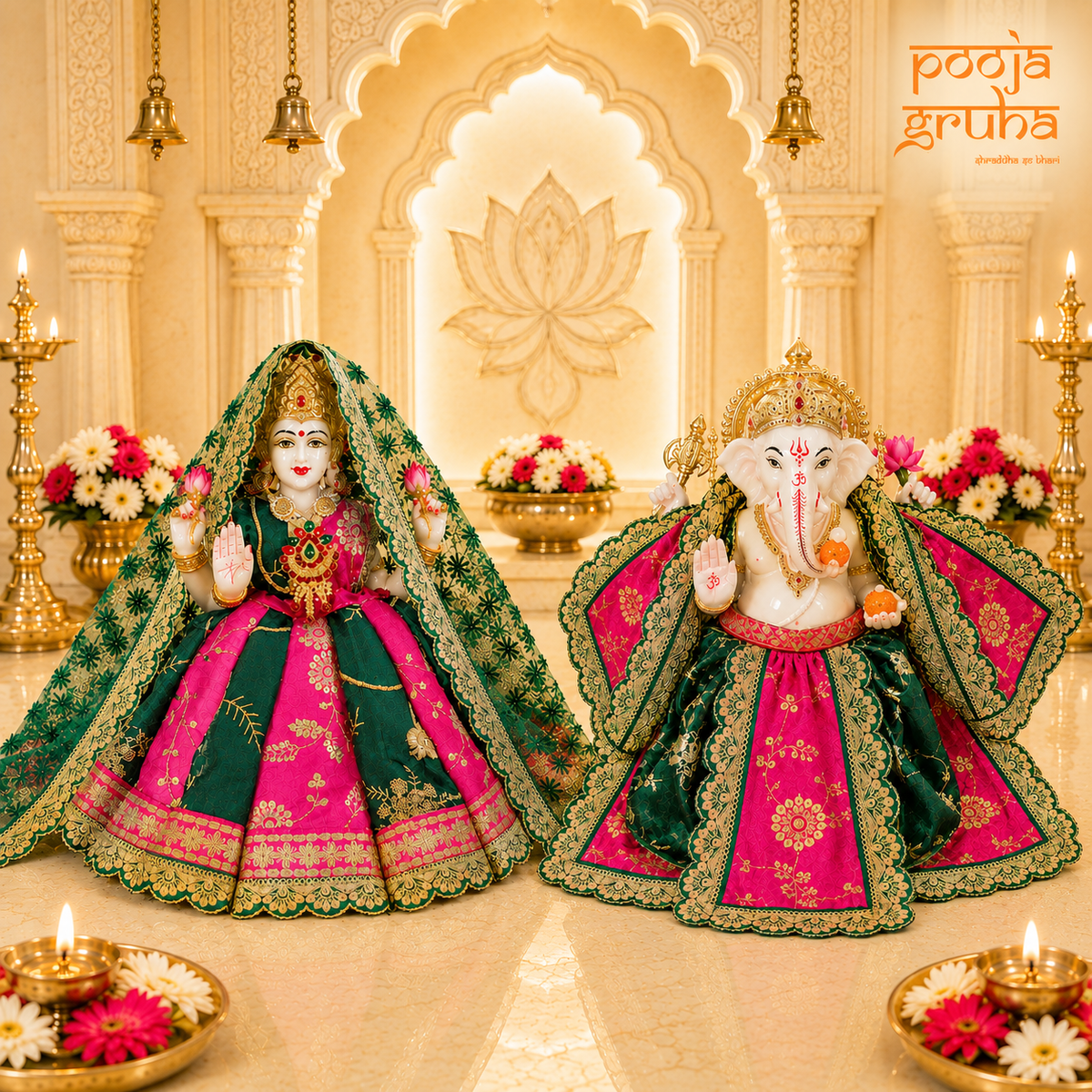 Gulabi Neel Shringar Laxmi Ganesh Ji Dress Set