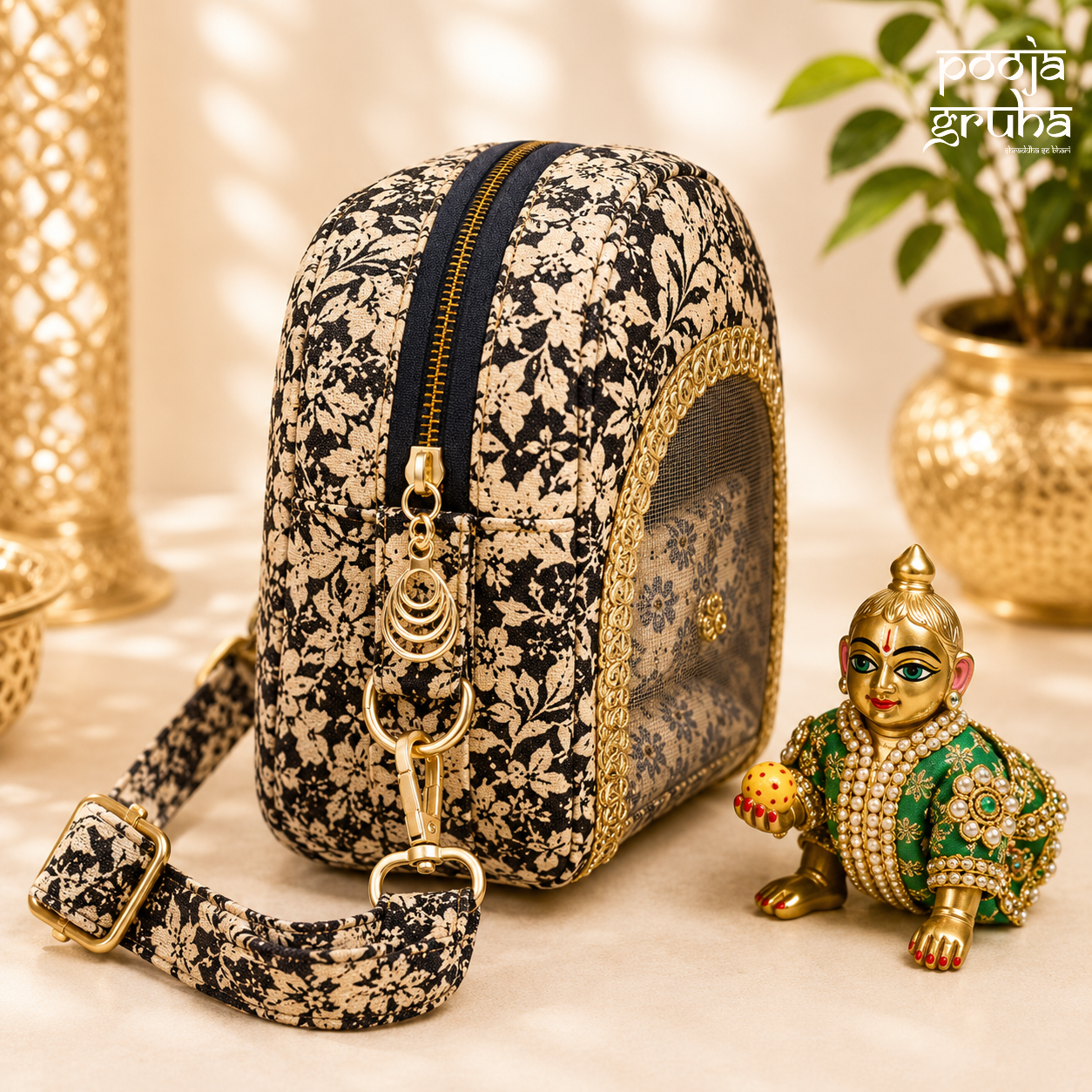 Premium Denim Laddu Gopal Travel Bag with Cushion | Pooja Gruha