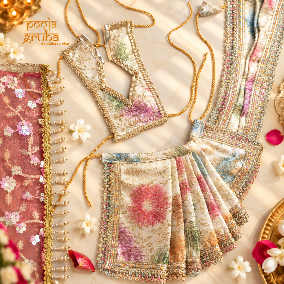 Phoolrang | Navratri Special 3-Piece Floral Silk Brocade Saree Set for Mata Rani Ji |Free Premium Red Chunri