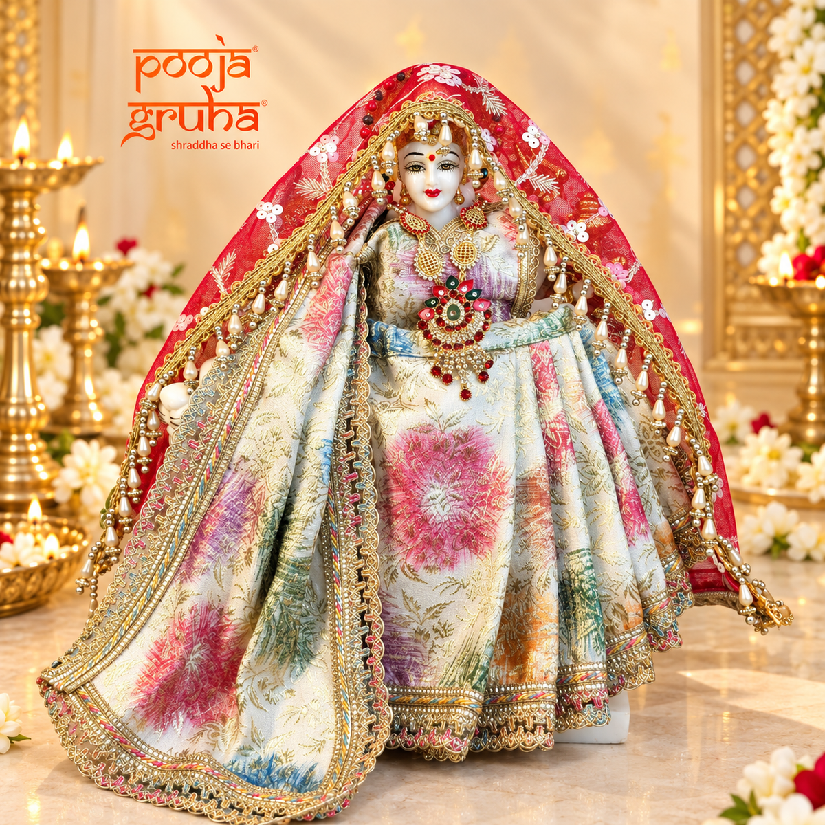 Phoolrang | Navratri Special 3-Piece Floral Silk Brocade Saree Set for Mata Rani Ji |Free Premium Red Chunri