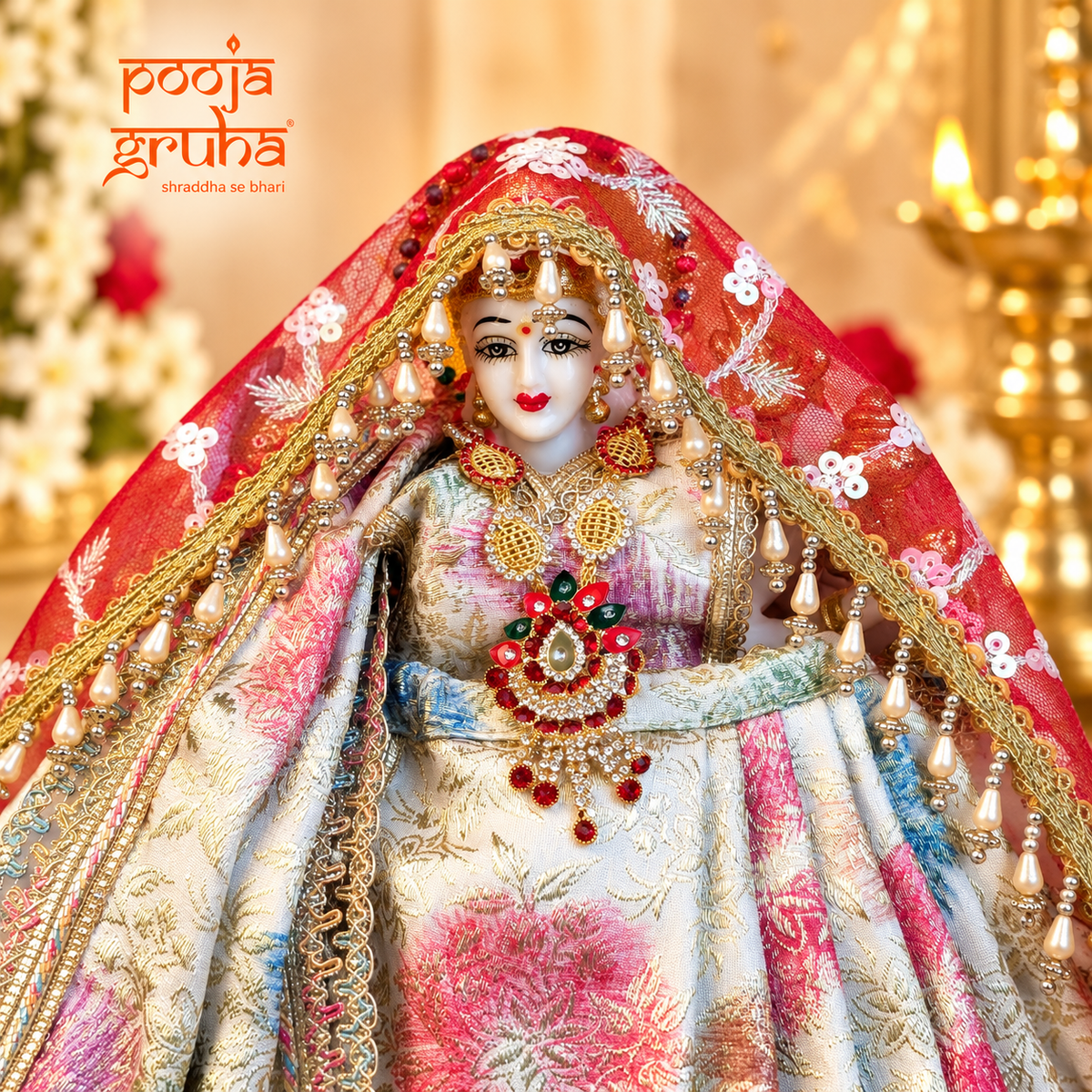 Phoolrang | Navratri Special 3-Piece Floral Silk Brocade Saree Set for Mata Rani Ji |Free Premium Red Chunri