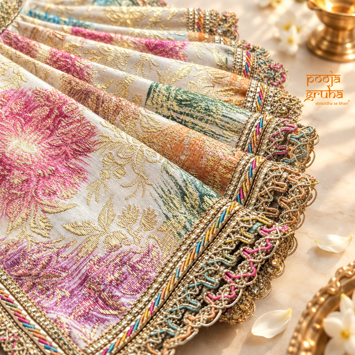 Phoolrang | Navratri Special 3-Piece Floral Silk Brocade Saree Set for Mata Rani Ji |Free Premium Red Chunri