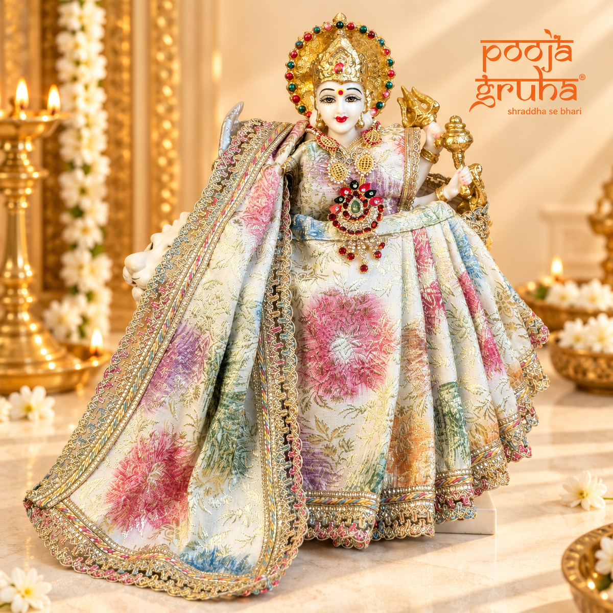 Phoolrang | Navratri Special 3-Piece Floral Silk Brocade Saree Set for Mata Rani Ji |Free Premium Red Chunri