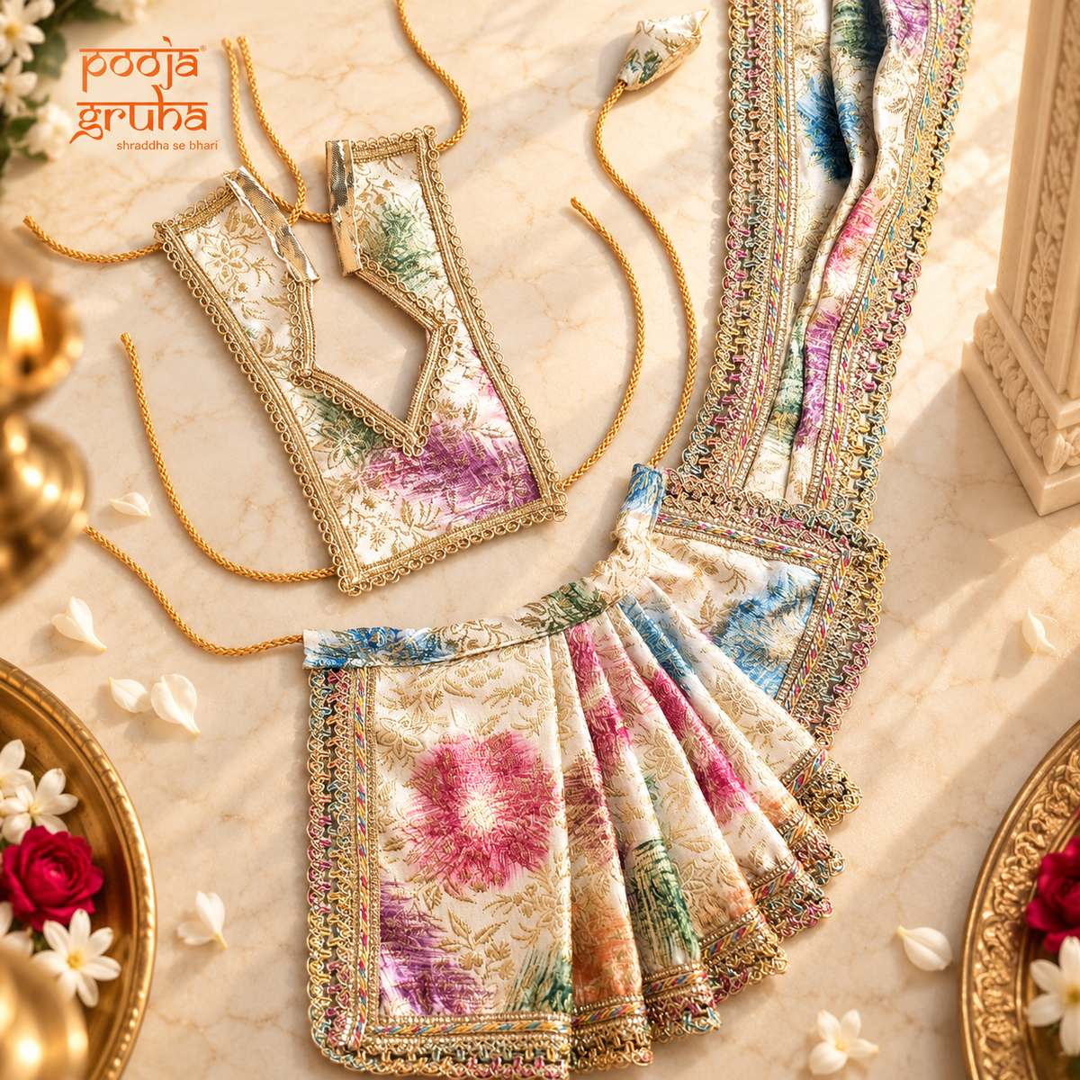 Phoolrang | Navratri Special 3-Piece Floral Silk Brocade Saree Set for Mata Rani Ji |Free Premium Red Chunri