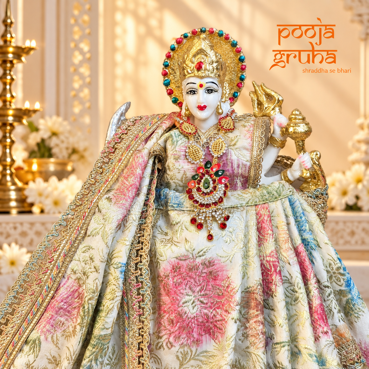 Phoolrang | Navratri Special 3-Piece Floral Silk Brocade Saree Set for Mata Rani Ji |Free Premium Red Chunri