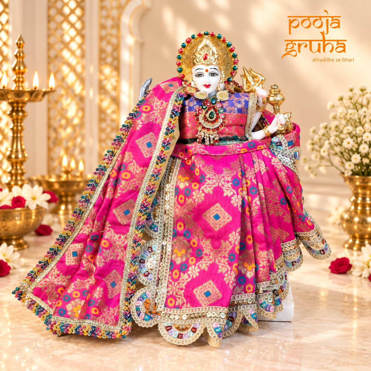 Rajrani | Navratri Special 3-Piece Silk Brocade Saree Set for Mata Rani Ji | Free Premium Red Chunri