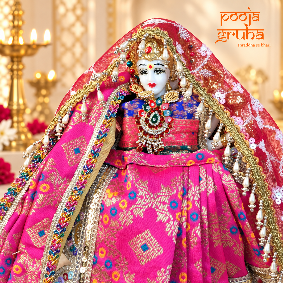 Rajrani | Navratri Special 3-Piece Silk Brocade Saree Set for Mata Rani Ji | Free Premium Red Chunri