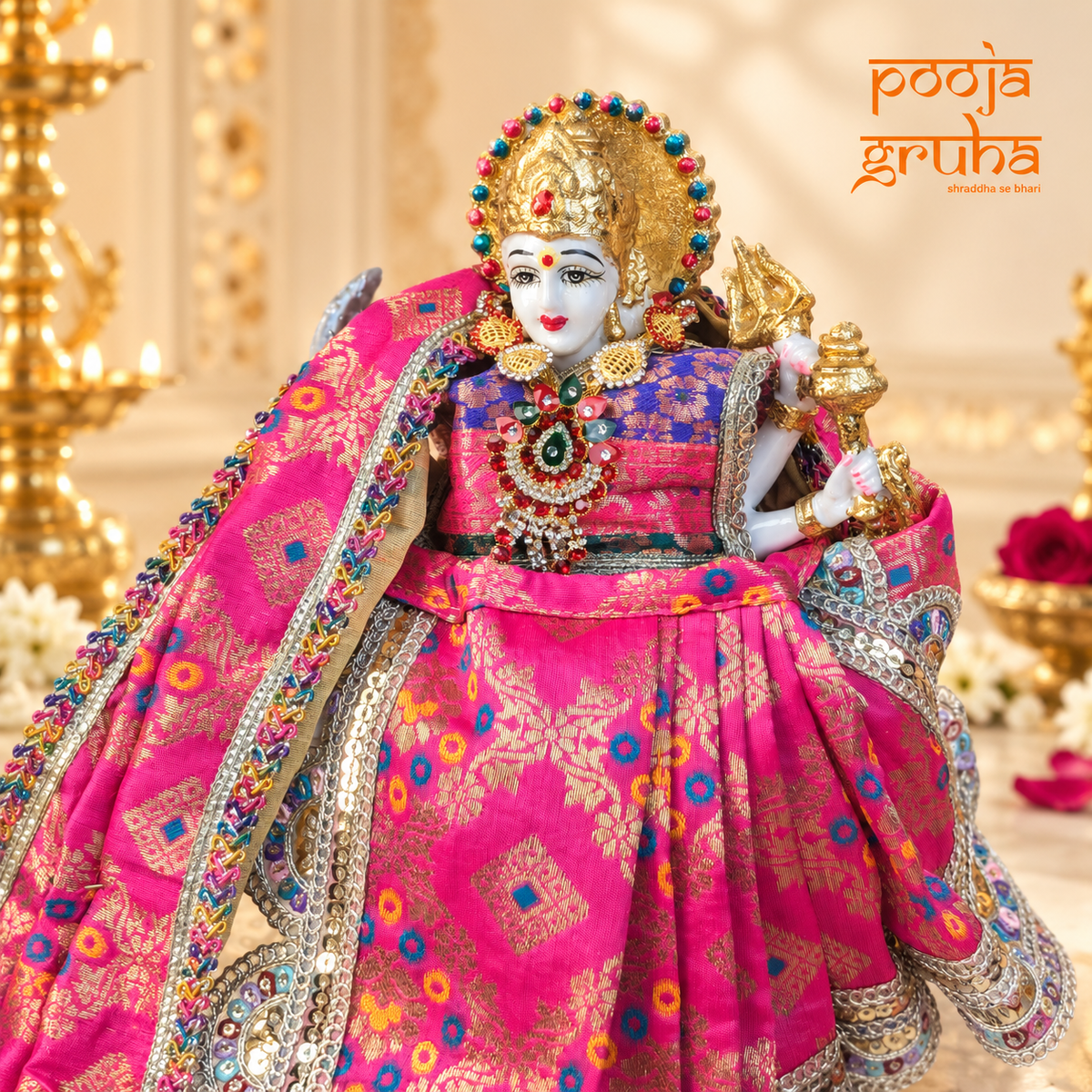 Rajrani | Navratri Special 3-Piece Silk Brocade Saree Set for Mata Rani Ji | Free Premium Red Chunri