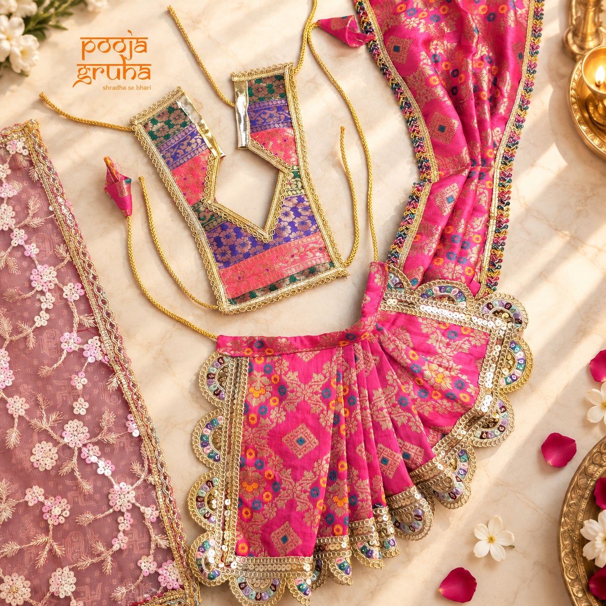Rajrani | Navratri Special 3-Piece Silk Brocade Saree Set for Mata Rani Ji | Free Premium Red Chunri