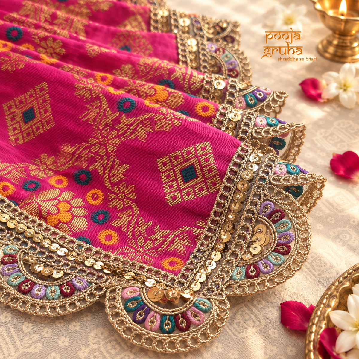 Rajrani | Navratri Special 3-Piece Silk Brocade Saree Set for Mata Rani Ji | Free Premium Red Chunri