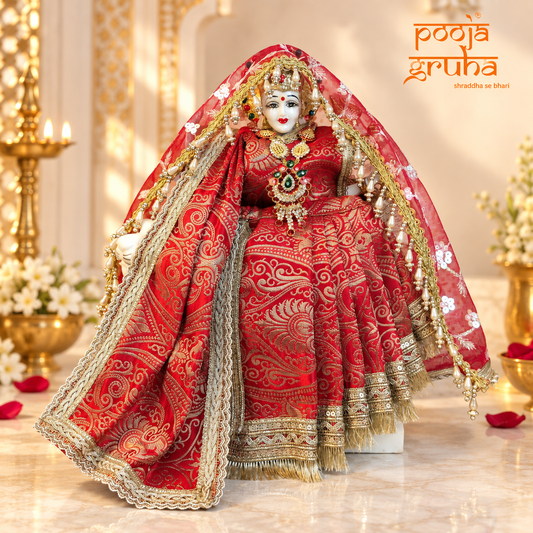 Raktambari | Navratri Special 3-Piece Red Silk Brocade Saree Set for Mata Rani Ji | Free Premium Red Chunri