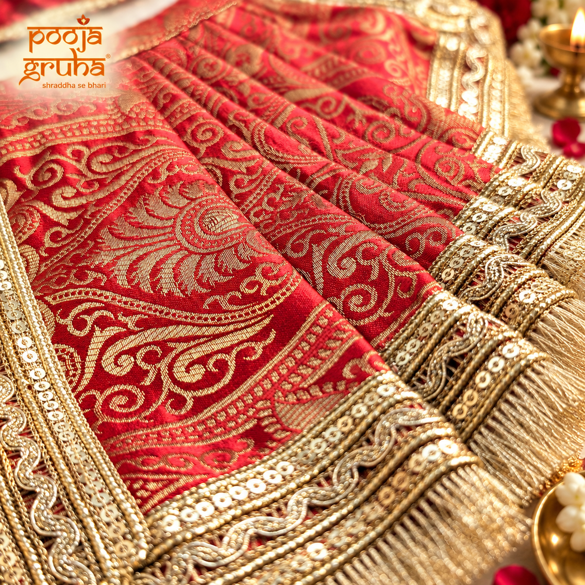 Raktambari | Navratri Special 3-Piece Red Silk Brocade Saree Set for Mata Rani Ji | Free Premium Red Chunri