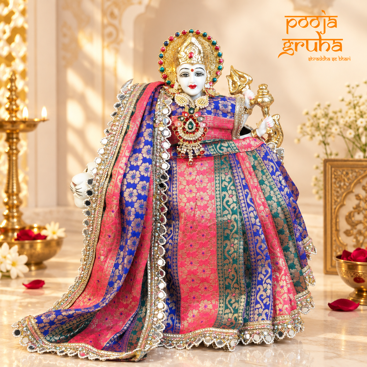 Rangmala | Navratri Special 3-Piece Silk Brocade Saree Set for Mata Rani Ji | Free Premium Red Chunri