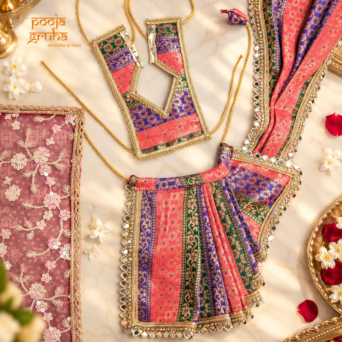 Rangmala | Navratri Special 3-Piece Silk Brocade Saree Set for Mata Rani Ji | Free Premium Red Chunri