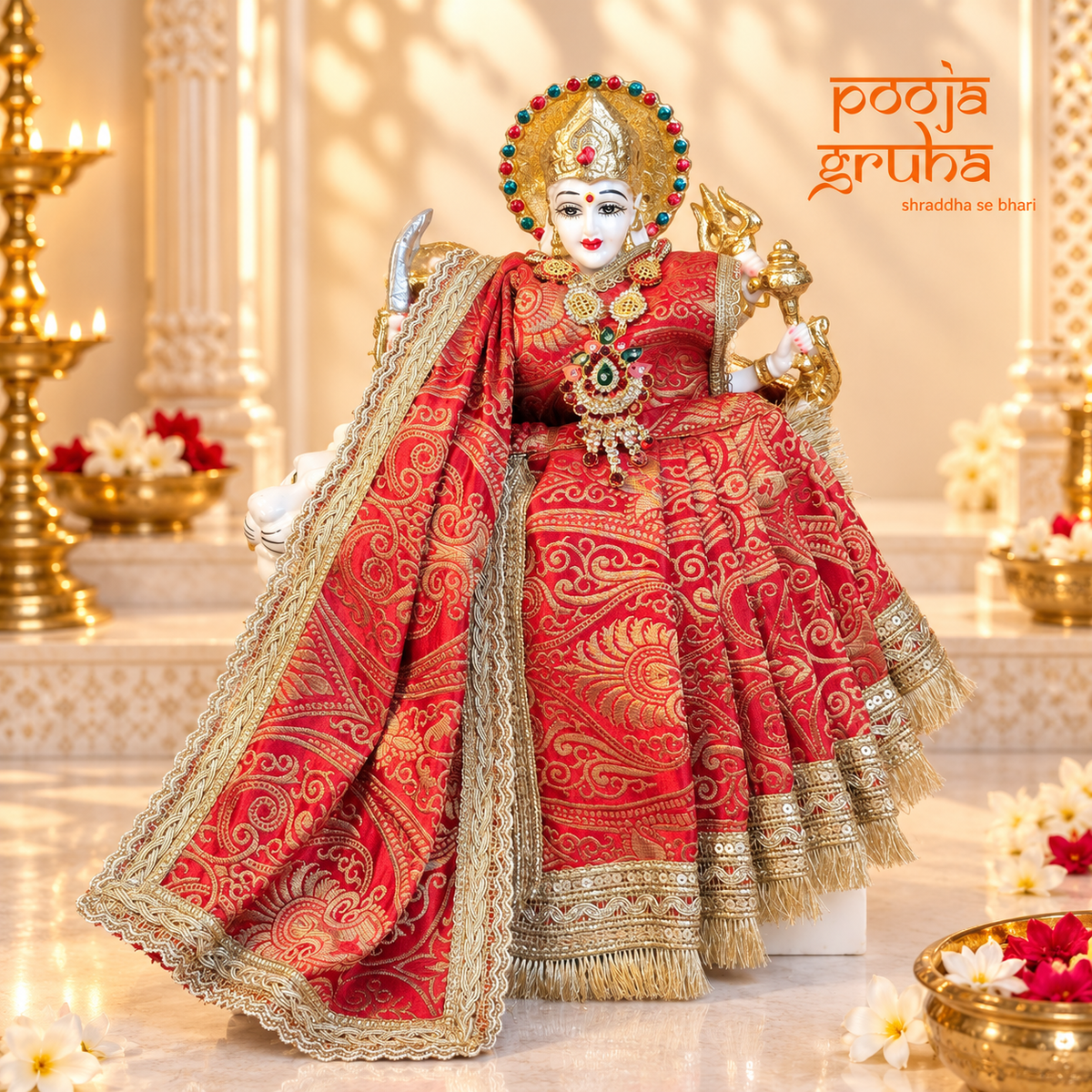 Raktambari | Navratri Special 3-Piece Red Silk Brocade Saree Set for Mata Rani Ji | Free Premium Red Chunri