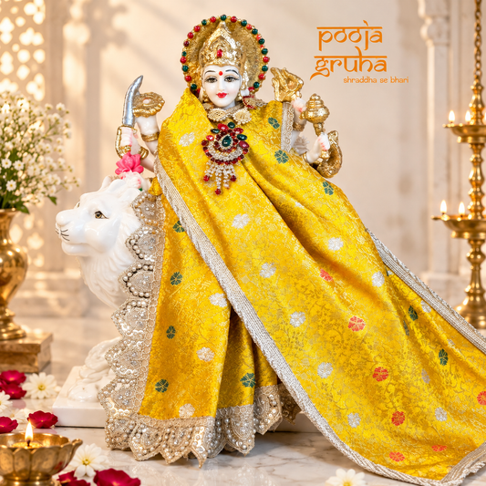Kanak Jyoti | Navratri Special 3-Piece Silk Brocade Saree Set for Mata Rani Ji | Free Red Lux Chunri