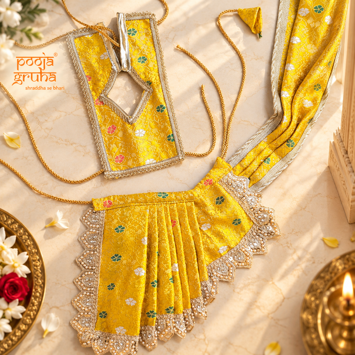 Kanak Jyoti | Navratri Special 3-Piece Silk Brocade Saree Set for Mata Rani Ji | Free Red Lux Chunri