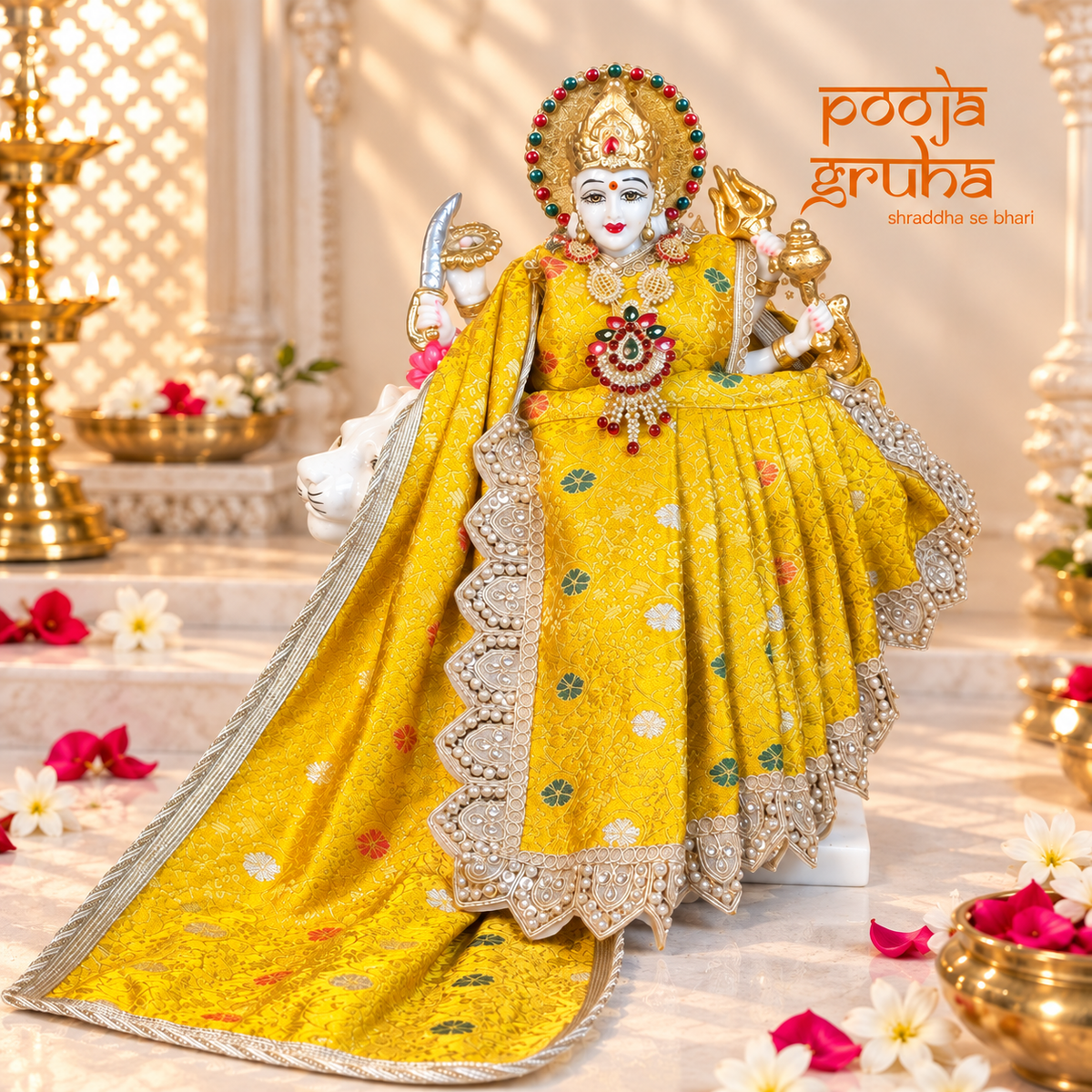 Kanak Jyoti | Navratri Special 3-Piece Silk Brocade Saree Set for Mata Rani Ji | Free Red Lux Chunri