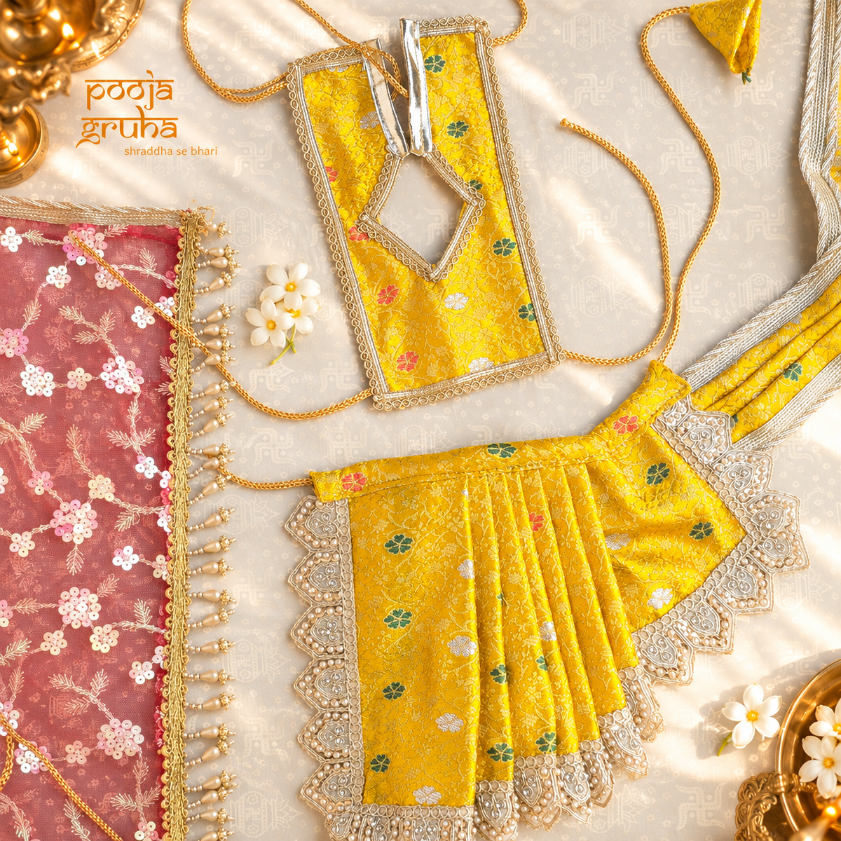 Kanak Jyoti | Navratri Special 3-Piece Silk Brocade Saree Set for Mata Rani Ji | Free Red Lux Chunri
