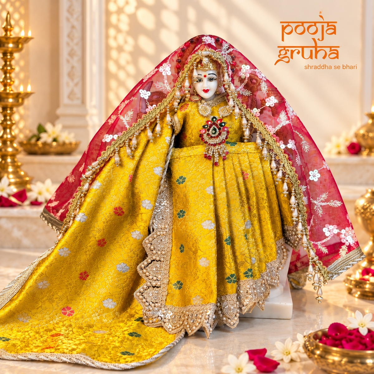 Kanak Jyoti | Navratri Special 3-Piece Silk Brocade Saree Set for Mata Rani Ji | Free Red Lux Chunri