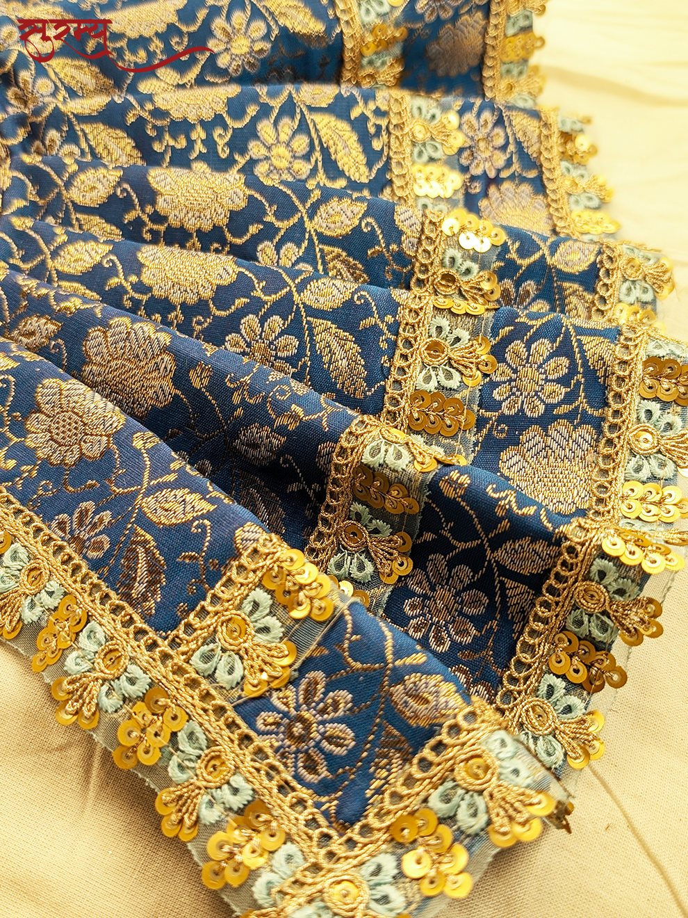 Neel Pushpa Saree | Blue Silk Brocade Saree for Mata Rani Ji